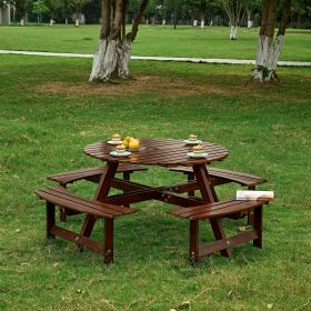 Outdoor 6 Person Picnic Table, 6 person Round Picnic Table with 3 Built-in Benches, Umbrella Hole, Outside Table and Bench Set for Garden, Backya (Color: Brown, Person: 8) Outdoor 6 Person Picnic Table, 6 person Round Picnic Table with 3 Built-in Benches, Umbrella Hole, Outside Table and Bench Set for Garden, Backya (Color: Brown, Person: 8)